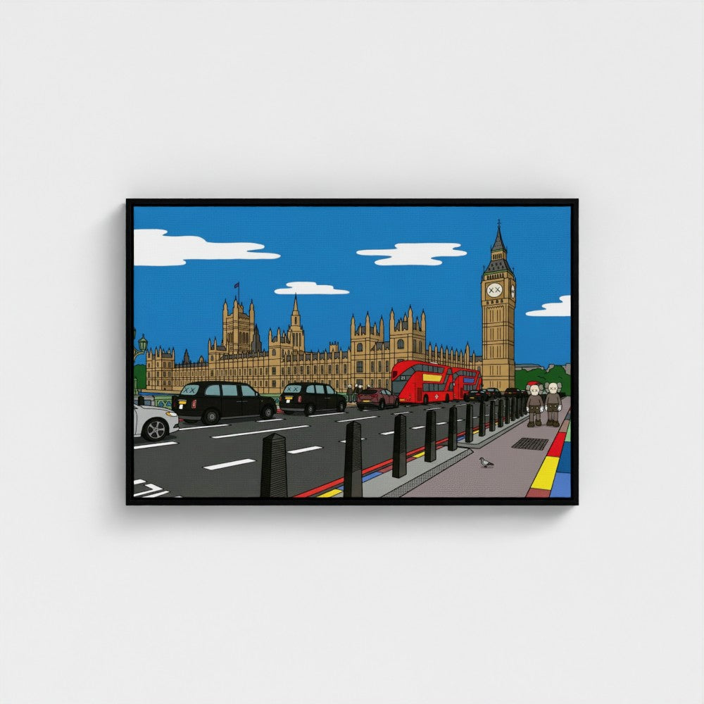 A framed cartoon-style print of big ben and parliament with a red bus and black taxis in a bold contemporary style