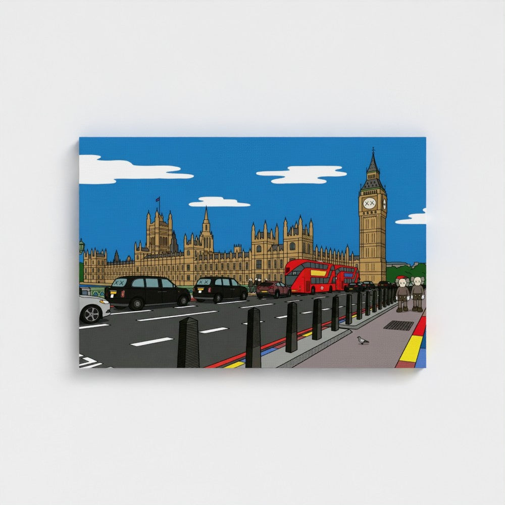 Big ben canvas print with bold contemporary cartoon style featuring london’s iconic landmark and red buses under blue sky