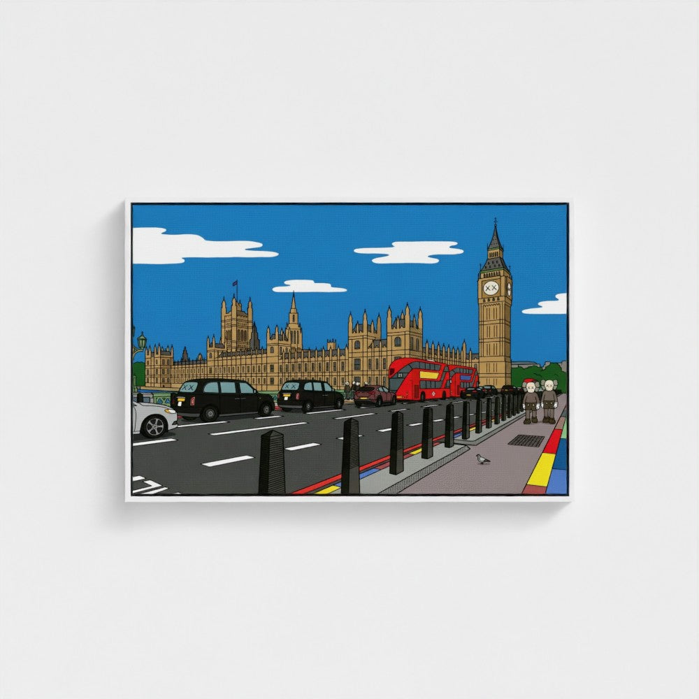 A framed cartoon-style print of big ben with a bold contemporary london skyline in blue sky and warm beige tones