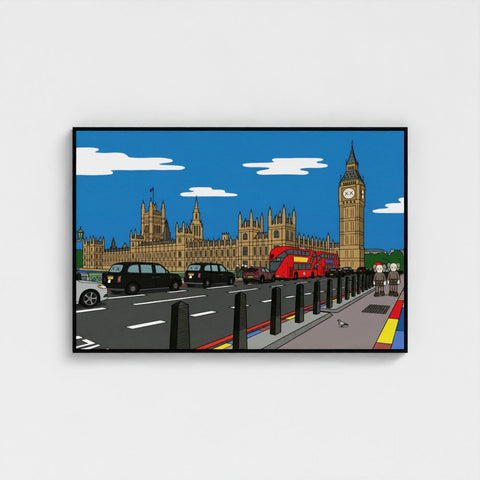 A framed bold contemporary cartoon-style print of big ben and parliament with red double-decker bus under blue sky