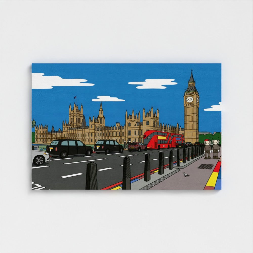 A bold contemporary canvas print titled big ben showing a lively london street with big ben and red buses in warm beige tones