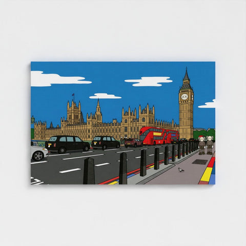 A bold contemporary canvas print titled big ben showing a lively london street with big ben and red buses in warm beige tones