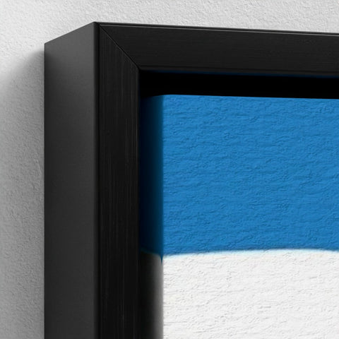 Black-framed canvas art big ben with bold contemporary blue and white abstract design for modern decor