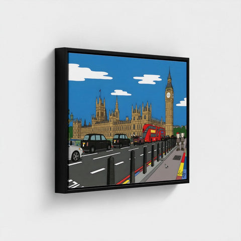 Black-framed canvas print big ben with bold contemporary cartoon london scene featuring buses taxis and blue sky