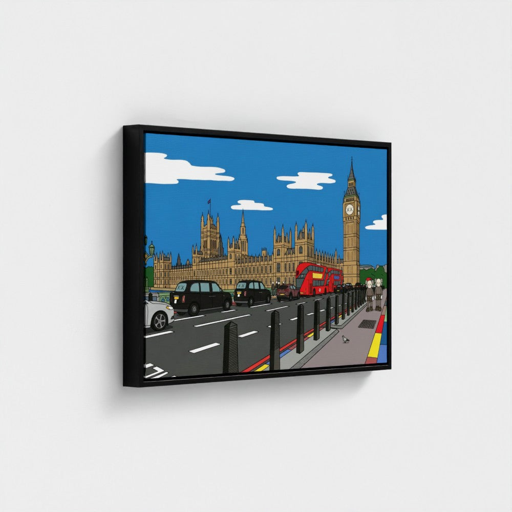 Black-framed canvas print of bold contemporary big ben with red buses and black taxis under bright blue sky