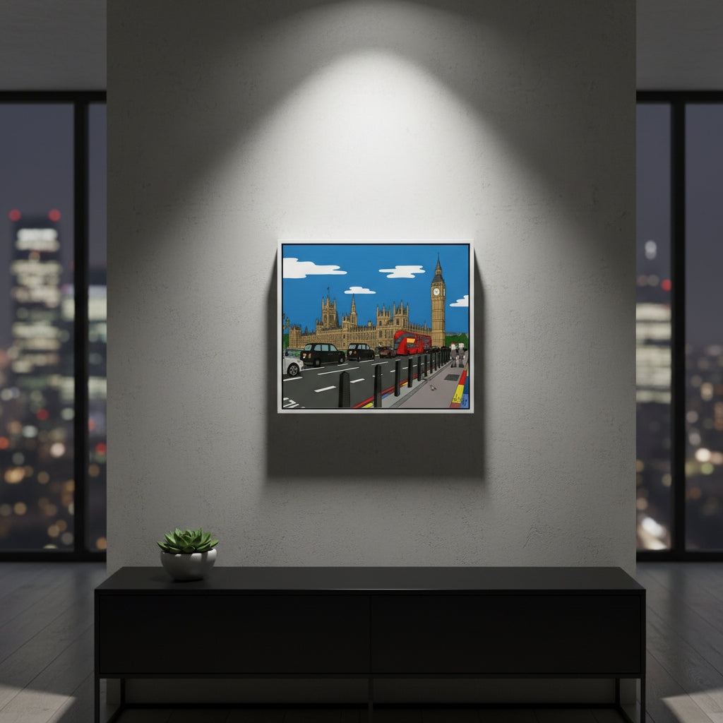 A framed cartoon-style big ben artwork with a red double-decker bus under blue sky for bold contemporary decor