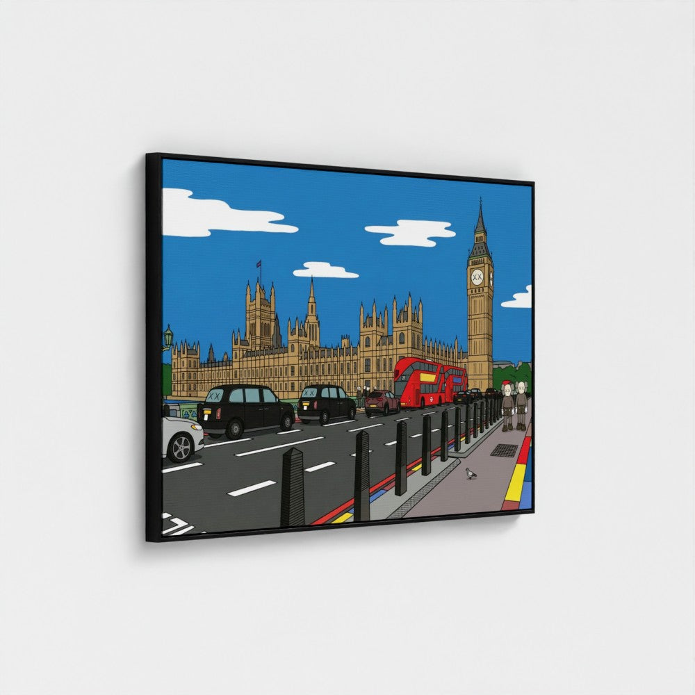 A bold contemporary framed canvas print of big ben with red buses and black taxis on a bright london street