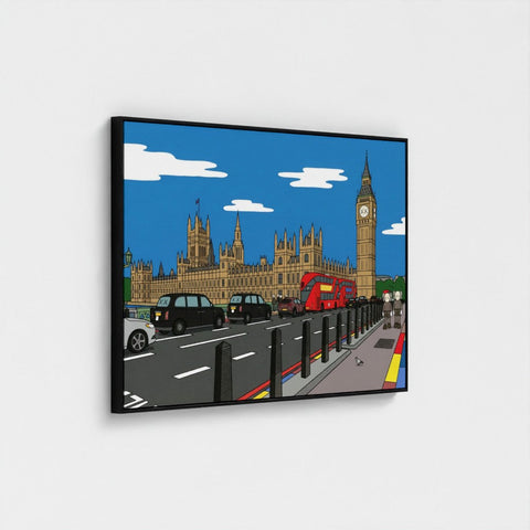 A bold contemporary framed canvas print of big ben with red buses and black taxis on a bright london street