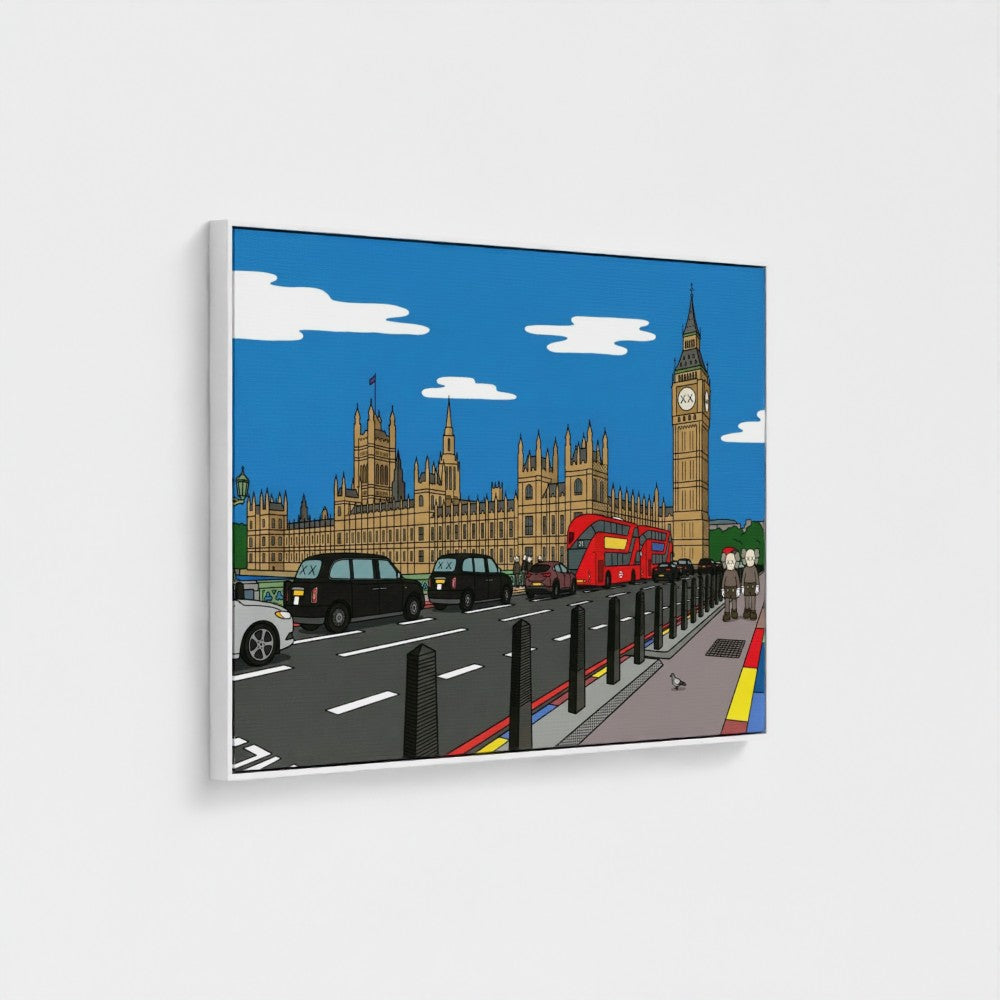A bold contemporary framed cartoon canvas print of big ben and london street with red buses and black cabs under blue sky