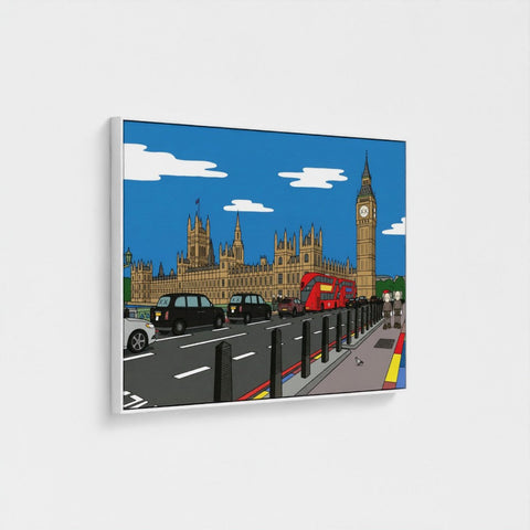 A bold contemporary framed cartoon canvas print of big ben and london street with red buses and black cabs under blue sky