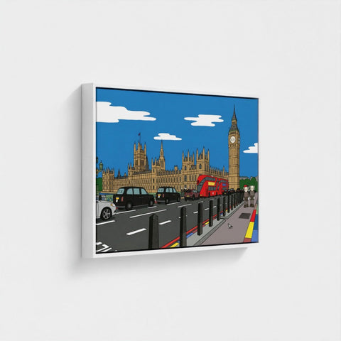 A framed cartoon style canvas print of a bold contemporary london street scene featuring big ben and red buses