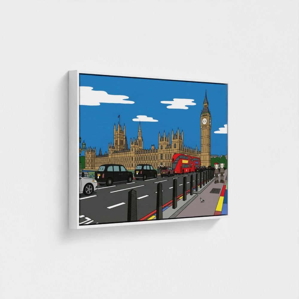 A framed cartoon-style print of big ben with red double-decker bus and black taxis in a bold contemporary style