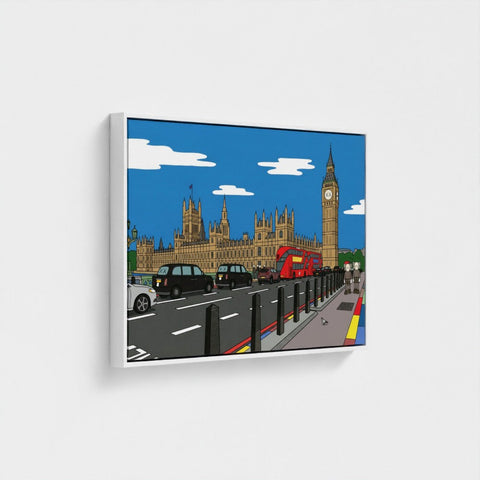 A framed cartoon-style print of big ben with red double-decker bus and black taxis in a bold contemporary style