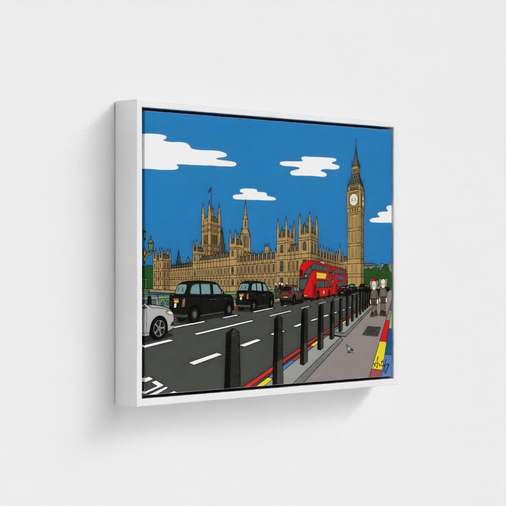 A vibrant cartoon-style canvas print of big ben with bold contemporary colors and iconic london vehicles