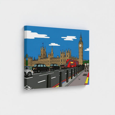 A bold contemporary cartoon-style canvas print of big ben and london street with red buses and black cabs under blue sky