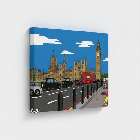 A bold contemporary cartoon-style canvas print of big ben and parliament under a bright blue sky with clouds