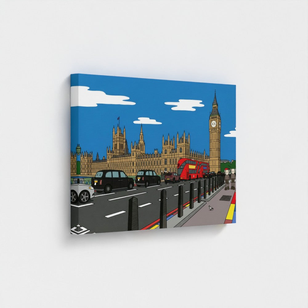 A vibrant cartoon-style canvas print of big ben and parliament with bold contemporary colors and london buses under blue sky