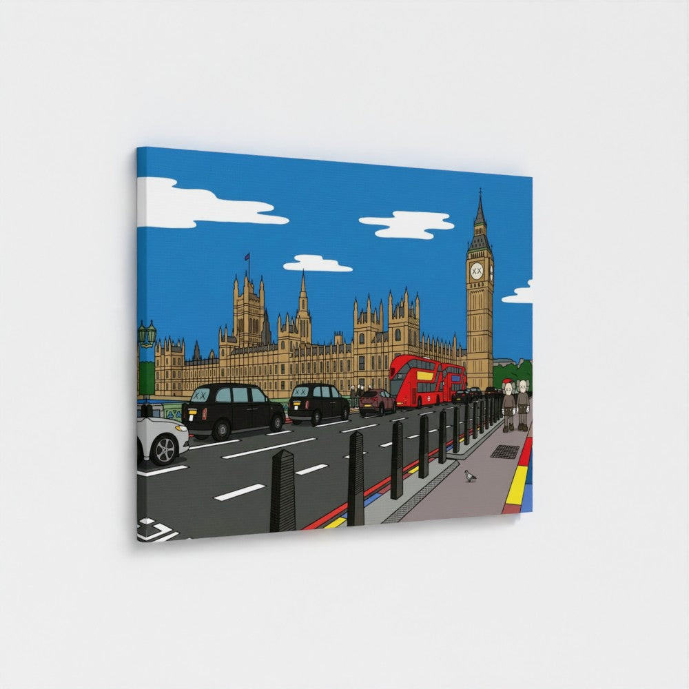 Big ben bold contemporary cartoon canvas print featuring london’s iconic clock tower and red double-decker bus under blue sky