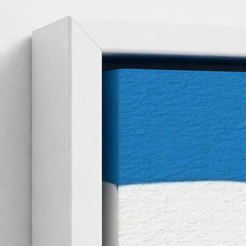 White-framed canvas print featuring bold contemporary blue and white textured abstract design called big ben