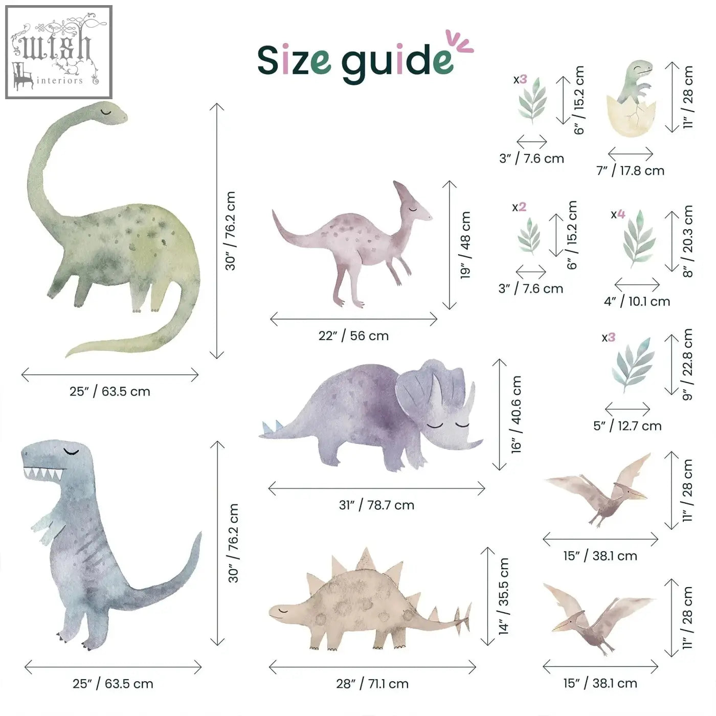Big dinosaur wall decal set with watercolor style pastel green pink gray and beige nursery stickers