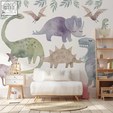 Watercolor dinosaur wall mural with soft pastel greens purples and grays on white big dinosaur wall decal nursery sticker
