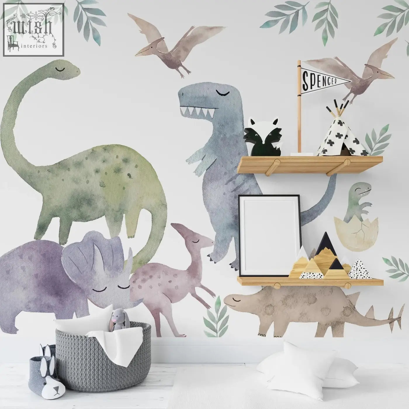 Big dinosaur wall featuring watercolor decal set in muted greens grays and purples nursery wall sticker design