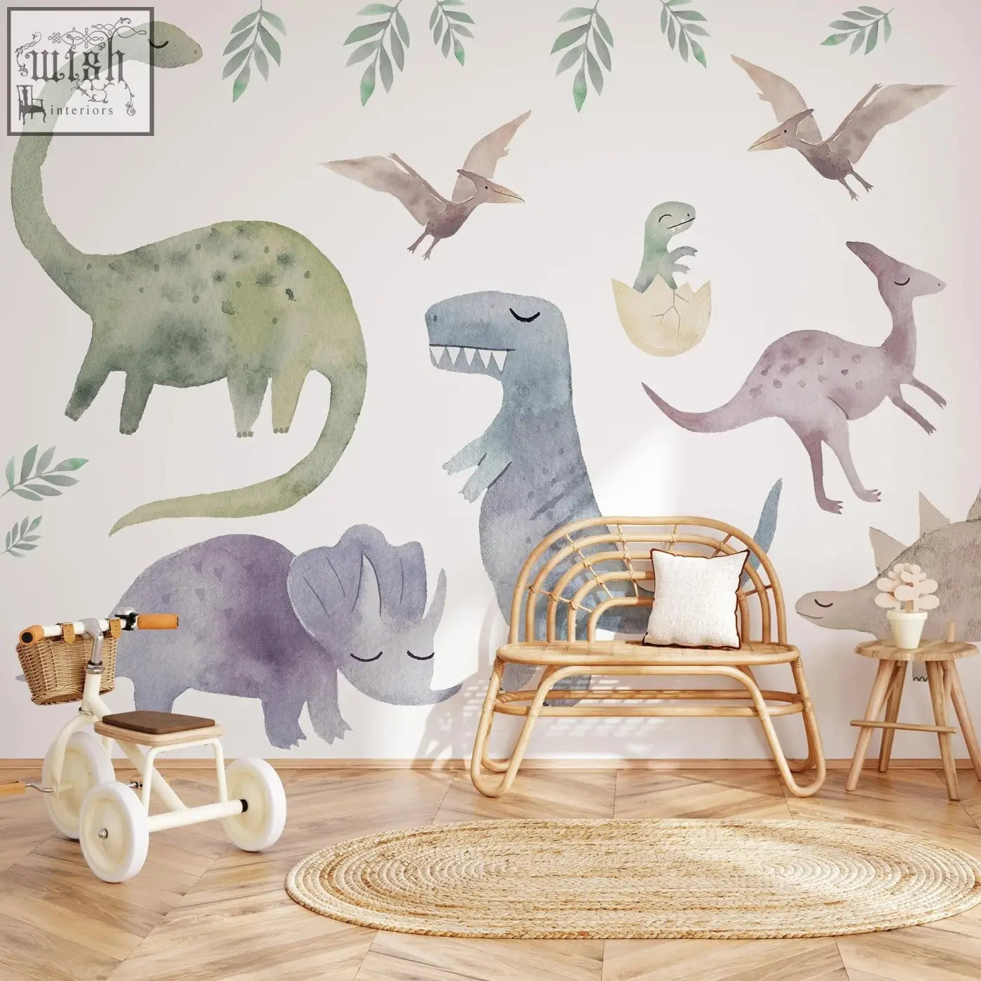 Woven rattan bench with white cushion below big dinosaur wall decal watercolour decal set in nursery room