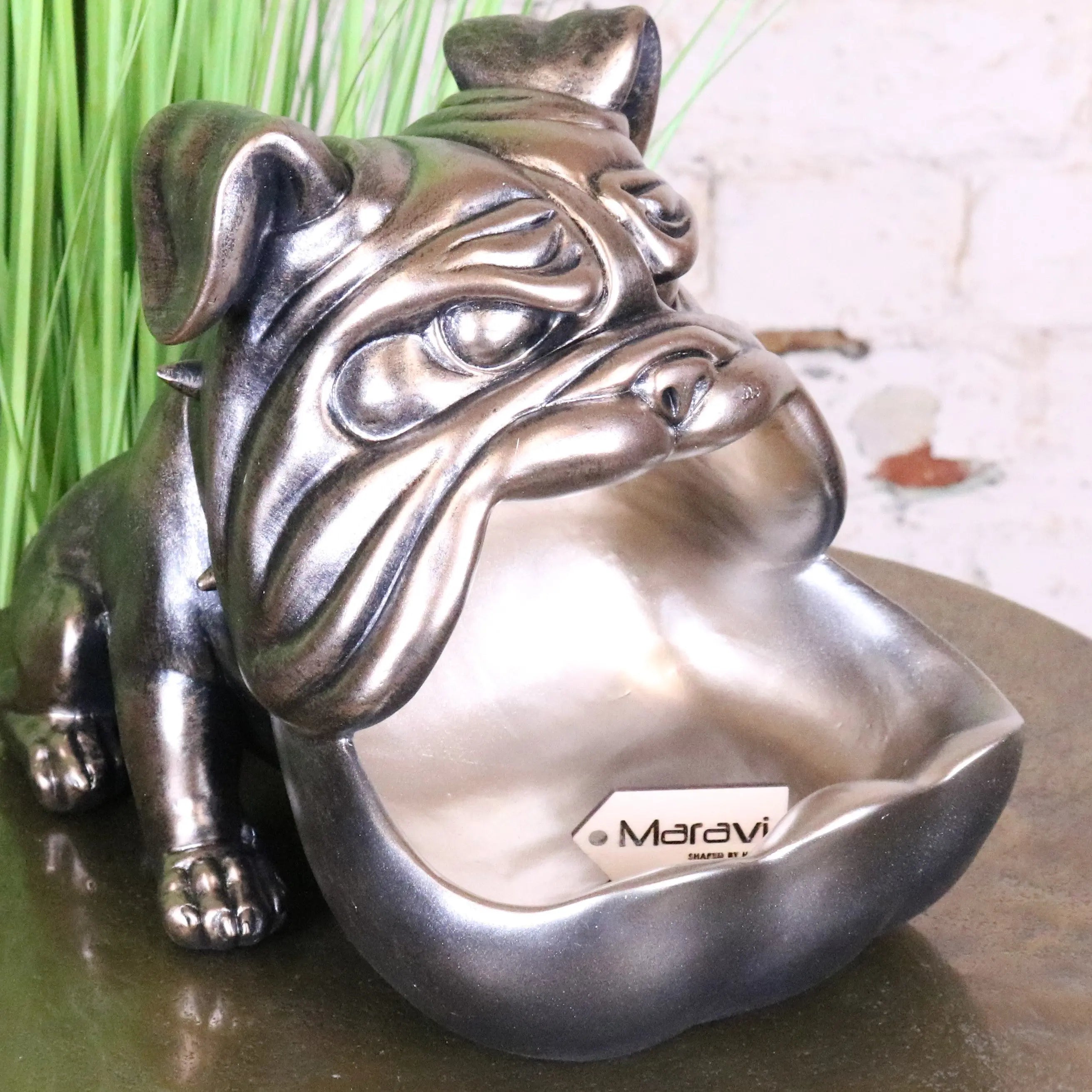 Bronze-colored big gob dog novelty bowl with glossy metallic finish and open mouth tray design