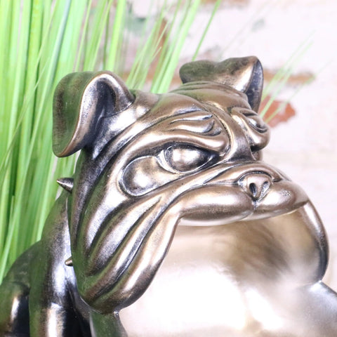Bronze-colored big gob dog novelty bowl featuring a bulldog statue with detailed face and textured metallic finish