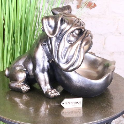 Bronze-finished bulldog figurine with built-in bowl serving as a big gob dog novelty bowl centerpiece
