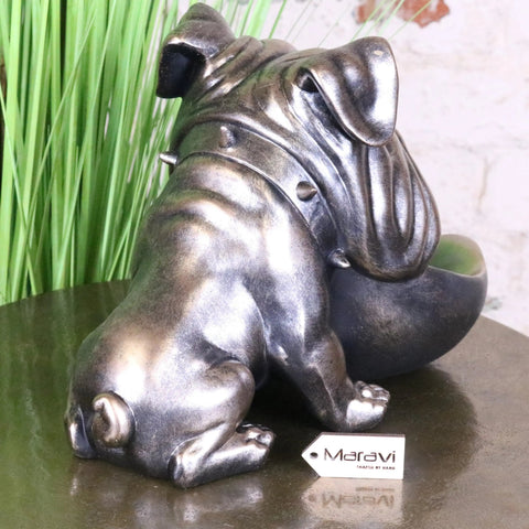 Metallic silver bulldog figurine with spiked collar on big gob dog novelty bowl with textured reflective surface