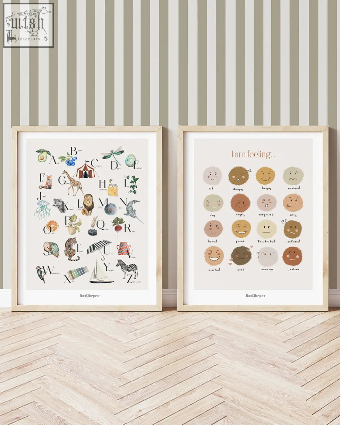 Two framed educational posters on 250gsm paper featuring alphabet animals and an emotions art print in soft earth tones