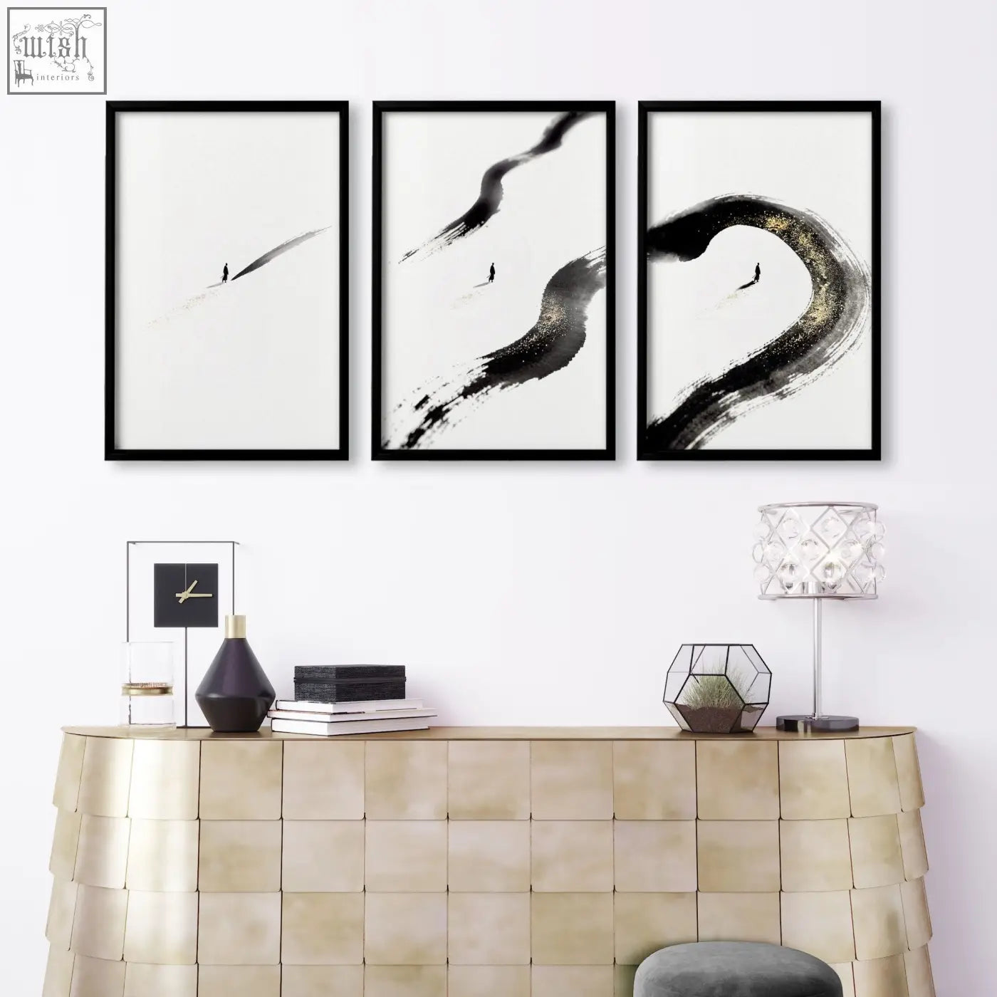 Three black-framed living room wall art prints with bold black and gold ink brushstrokes on white background set of 3