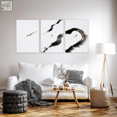Three-panel abstract black ink brushstroke wall art on white canvas perfect for big living room wall decor