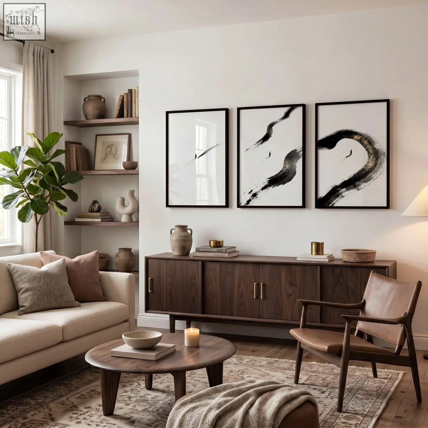 Dark wood sideboard with sleek minimalist design and two-tone brass handles below japandi zen ink brushstroke living room wall art set