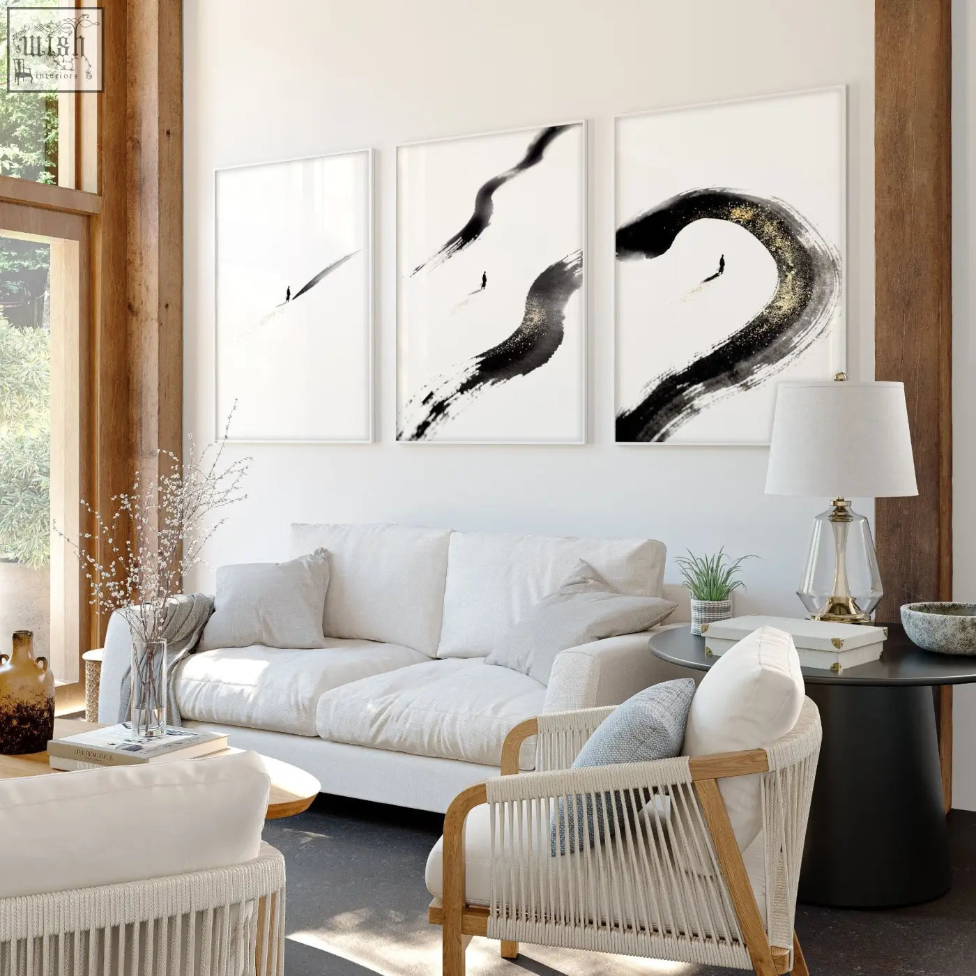 Three framed abstract living room wall art with black brushstrokes and gold accents for big living room wall decor