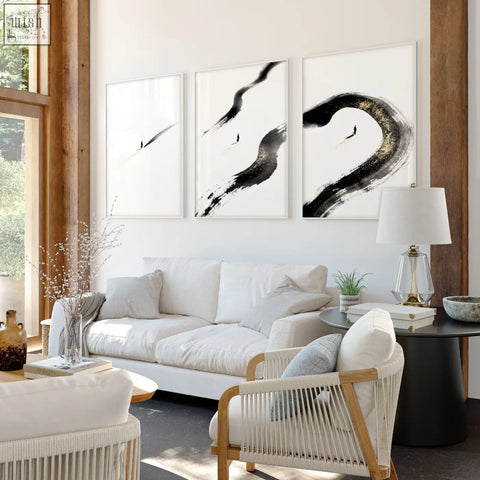 Three framed abstract living room wall art with black brushstrokes and gold accents for big living room wall decor