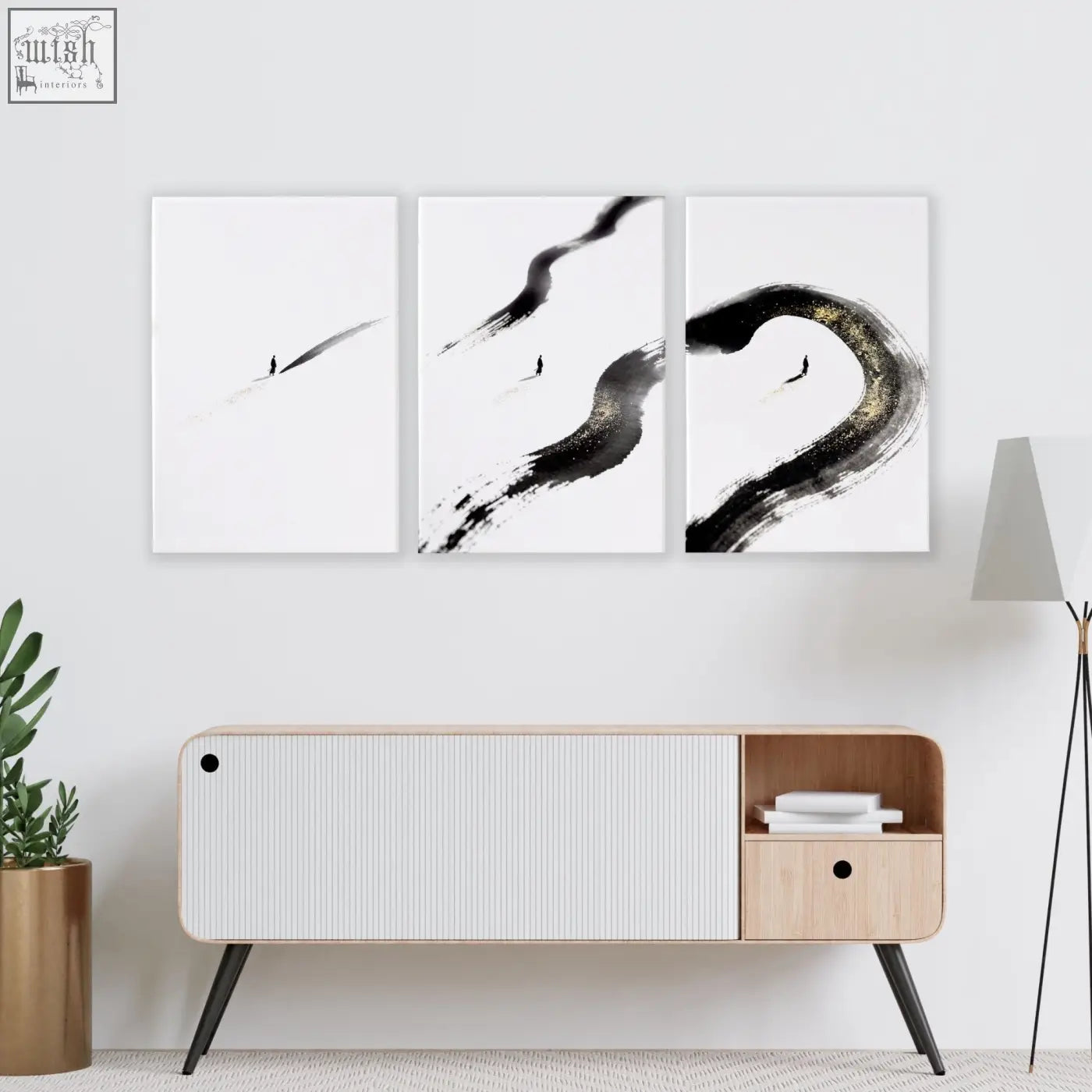 Three-panel living room wall art with bold black brushstrokes and gold accents on white canvas for a zen vibe