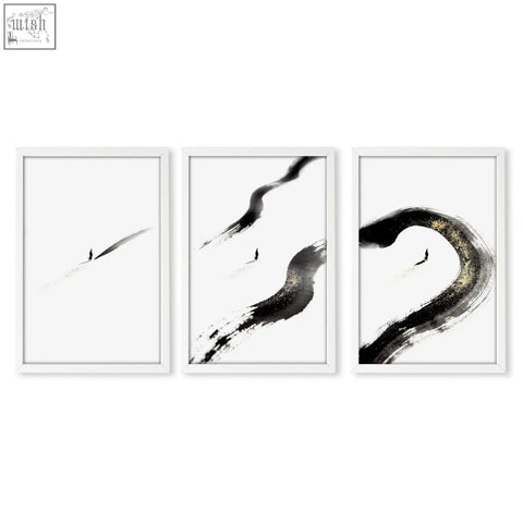 Set of three minimalist black and white framed living room wall art with abstract brushstroke and gold accents