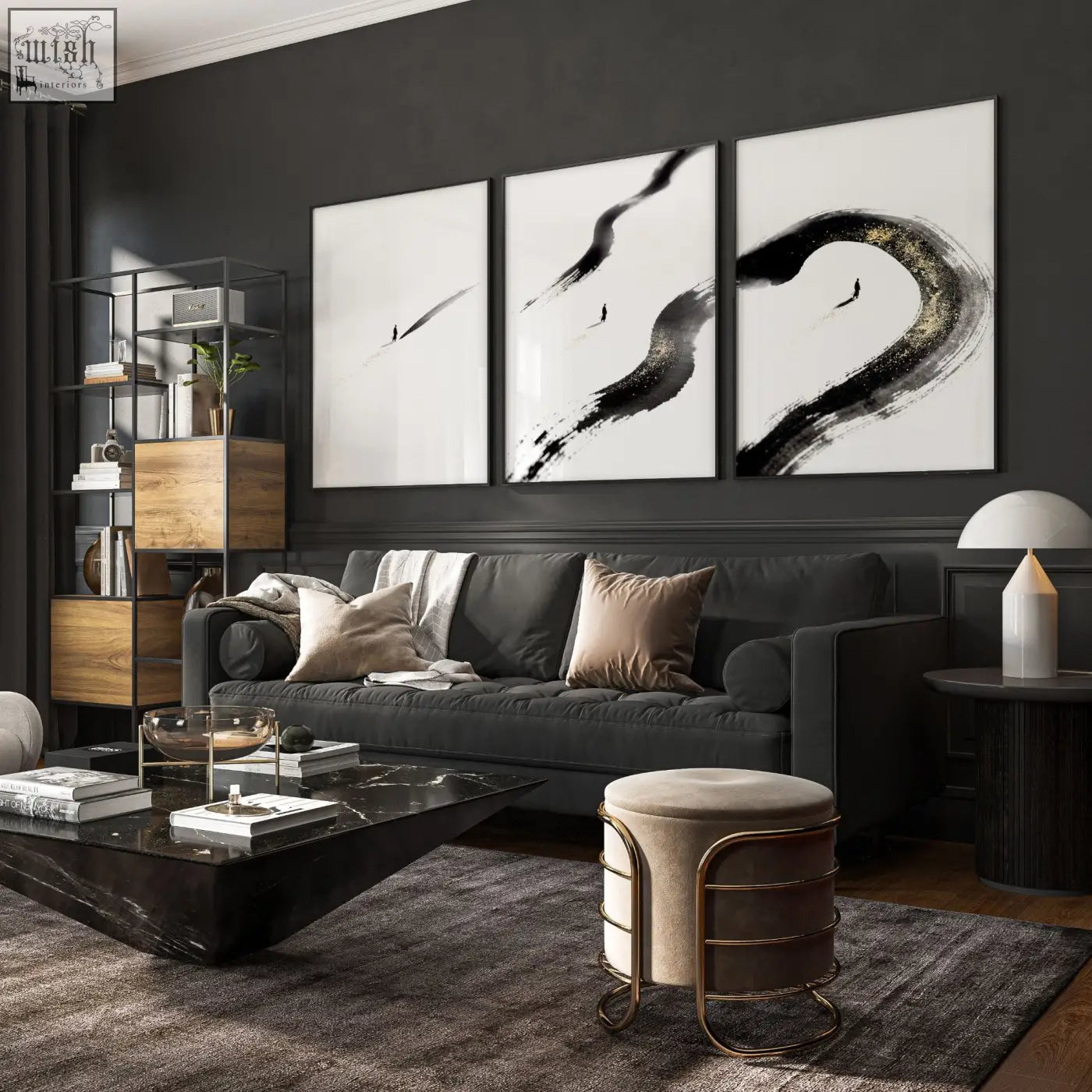 Dark gray velvet sofa with beige taupe pillows in a living room featuring japandi zen ink brushstroke wall art set