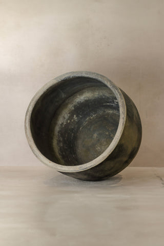 A weathered dark green ceramic pot with a grey rim showing age from the big old grey asian pots collection