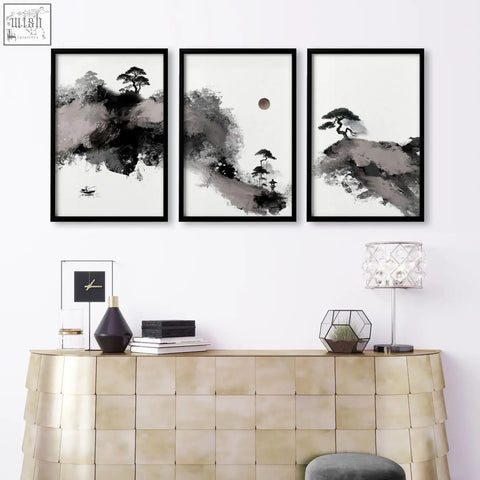 Three framed black and white ink wash big paintings featuring minimalist mountain moon art prints for living room wall decor