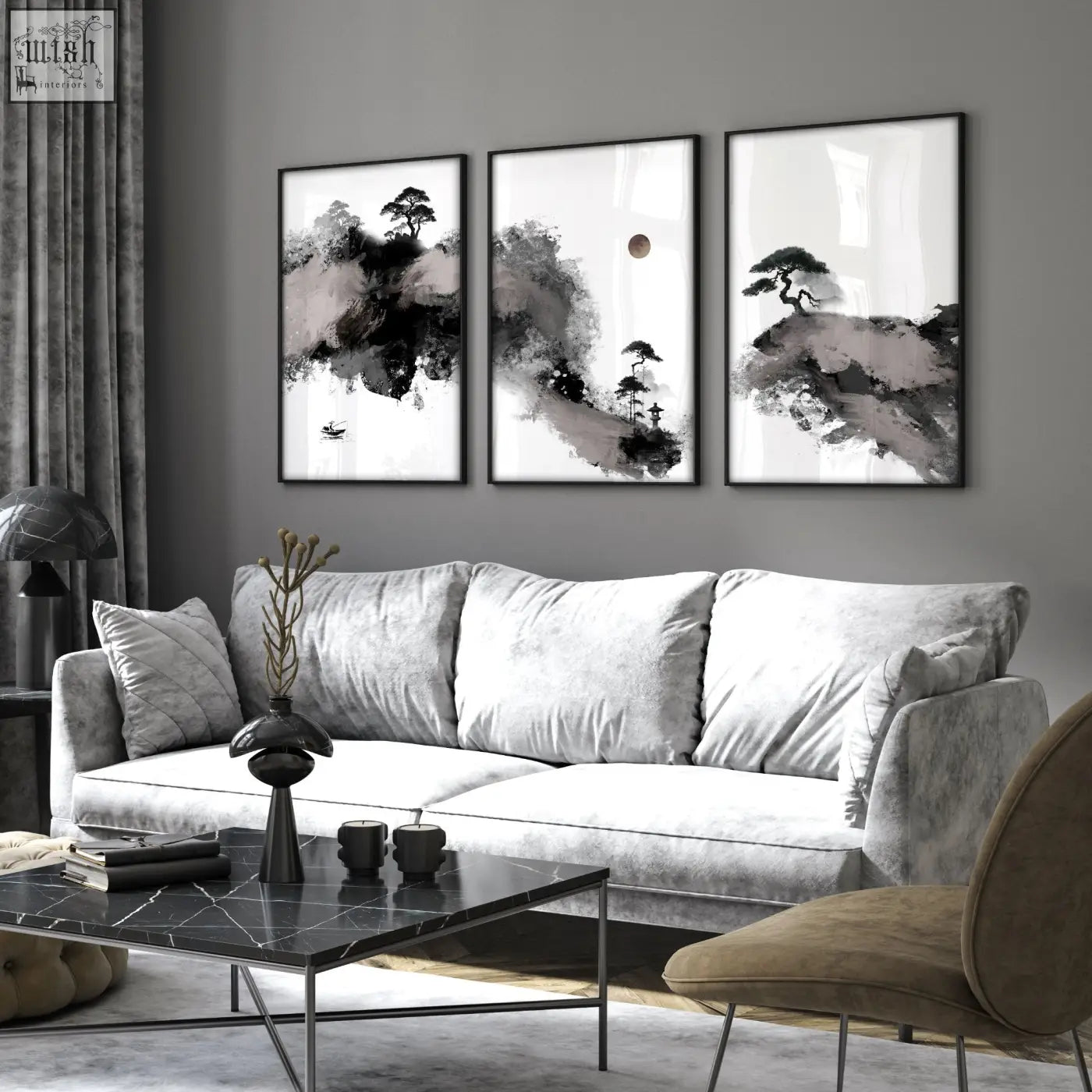 Gray velvet sofa with plush cushions and modern design in living room with big painting japanese ink art prints set of 3