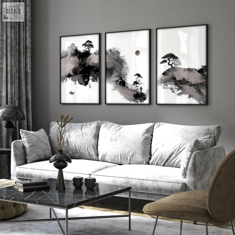 Gray velvet sofa with plush cushions and modern design in living room with big painting japanese ink art prints set of 3