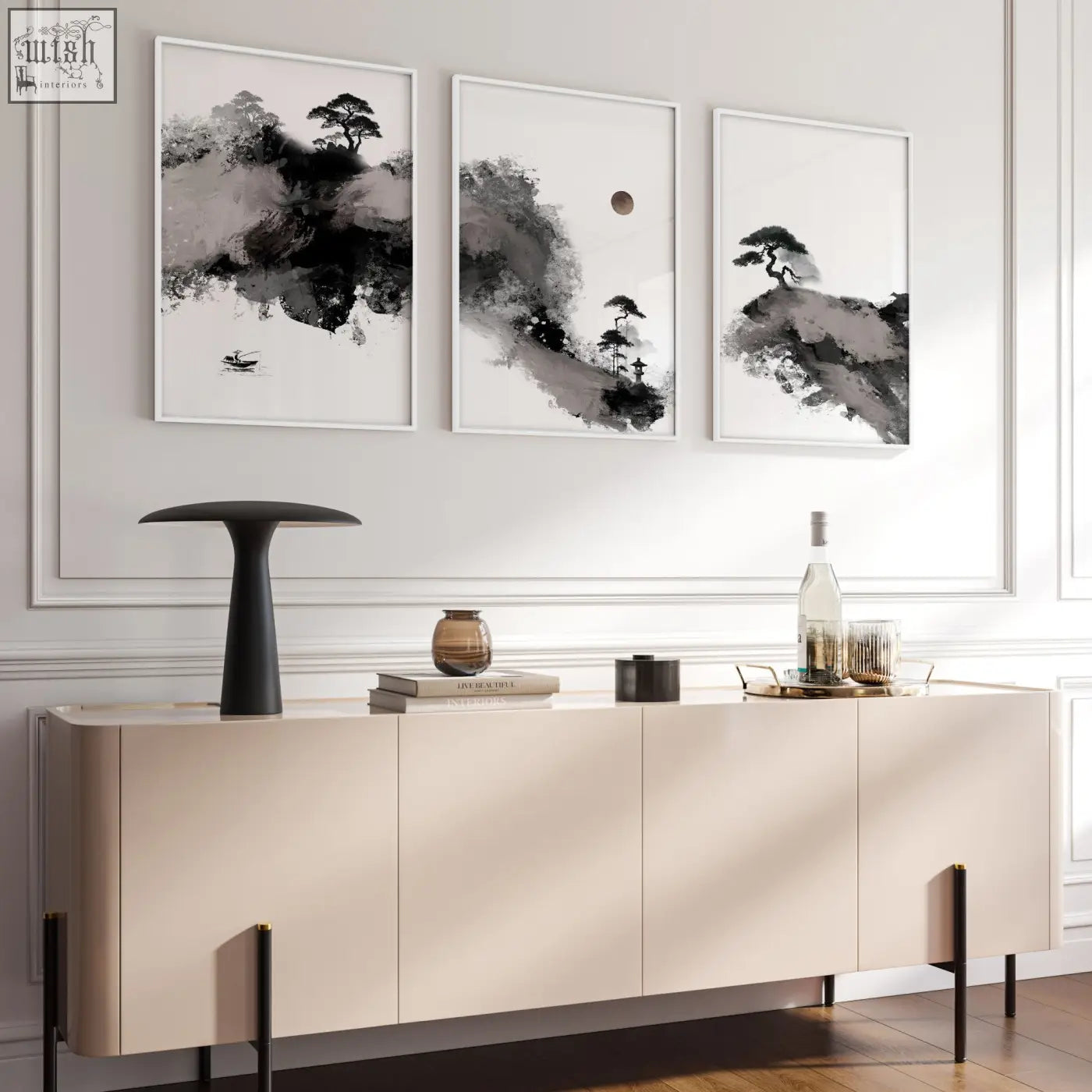 Cream-colored minimalist sideboard with slender black legs paired with big painting japanese ink landscape art prints for living room