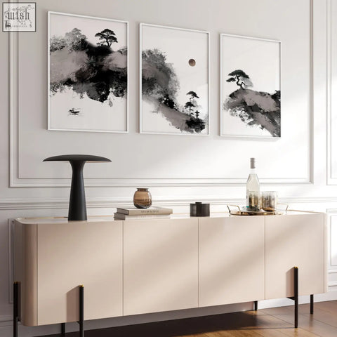 Cream-colored minimalist sideboard with slender black legs paired with big painting japanese ink landscape art prints for living room