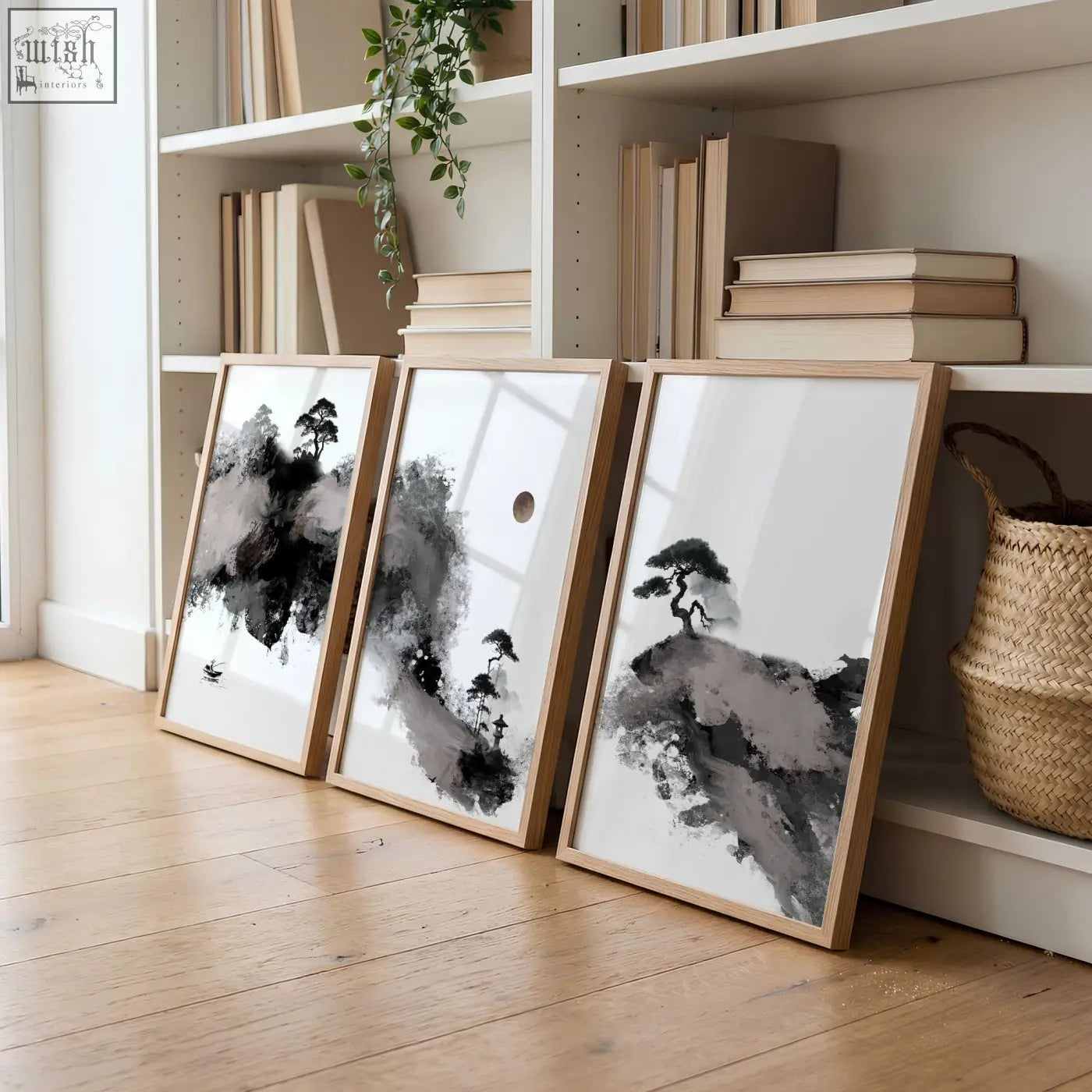 Three framed black and white japanese ink landscape art prints with minimalist wooden frames for living room big painting decor