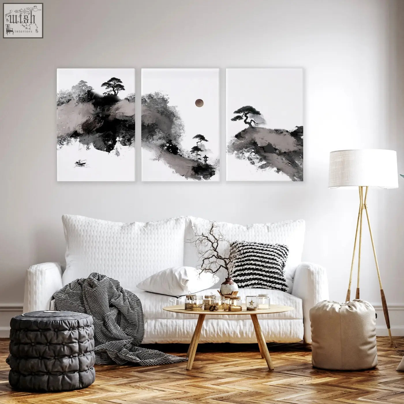 Three-panel black and white ink wash big painting of serene mountain landscapes for living room wall art prints set of 3