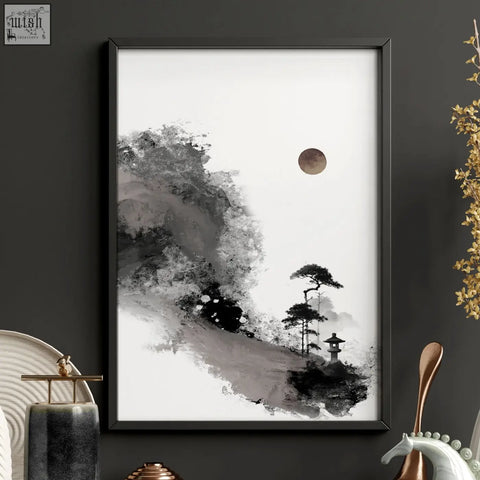 Black-framed big painting ink wash art prints of misty mountain landscape with pine trees for living room wall decor
