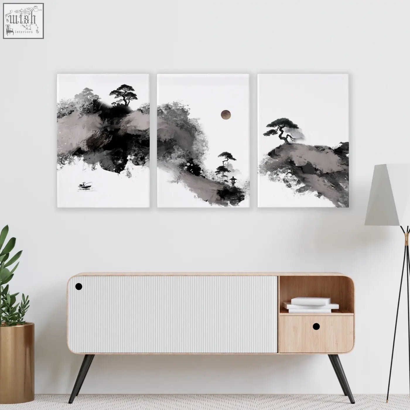 Three-panel big painting ink wash landscape art prints in black gray and white for living room wall decor